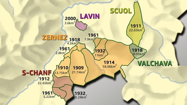 Carta istorica cun regiuns marcadas ed indicaziuns cura che questas regiuns han cumenzà a far part dal Parc Naziunal Svizzer.