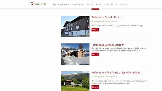 Pagina d'internet da Surselva Turismus che fa reclama per ils champs da vacanzas.