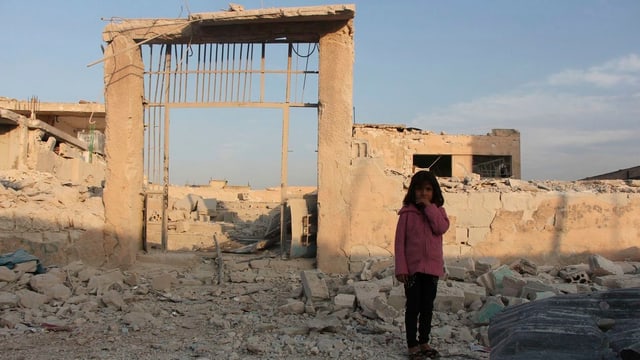 Ina matta davant da ruinas en Siria.