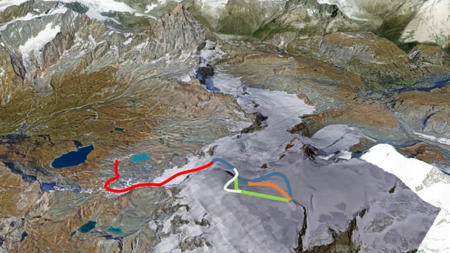 Foto geografica da la muntogna dentar Zermatt e Cervinia.