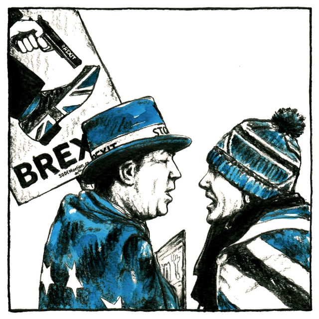 Dissegn da dus umens cun placat da Brexit. Dissegn da dus umens cun placat da Brexit.