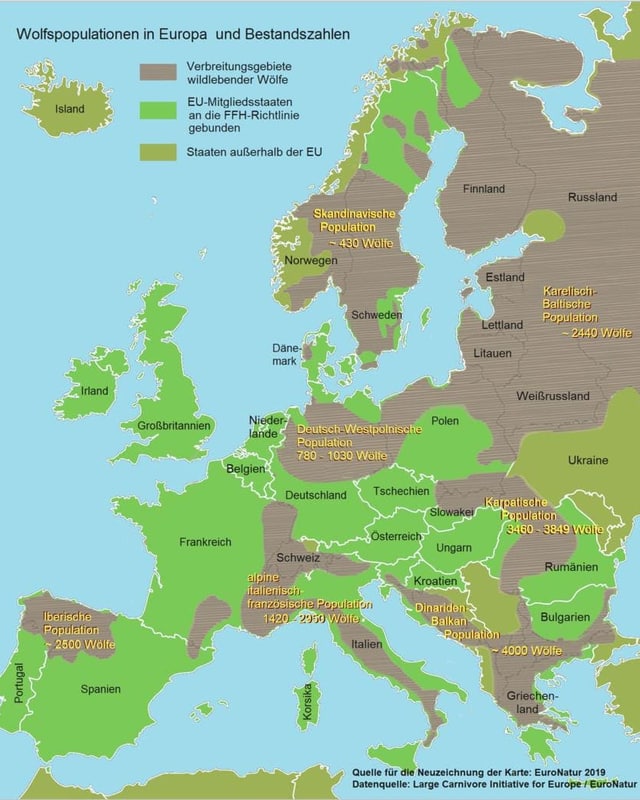Charta geografica che mussa las populaziuns da lufs en l'Europa.