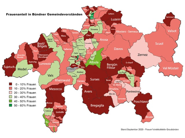 La grafica mussa la cumpart procentuala da las dunnas en las suprastanzas da las vischnancas grischunas. La grafica mussa la cumpart procentuala da las dunnas en las suprastanzas da las vischnancas grischunas.