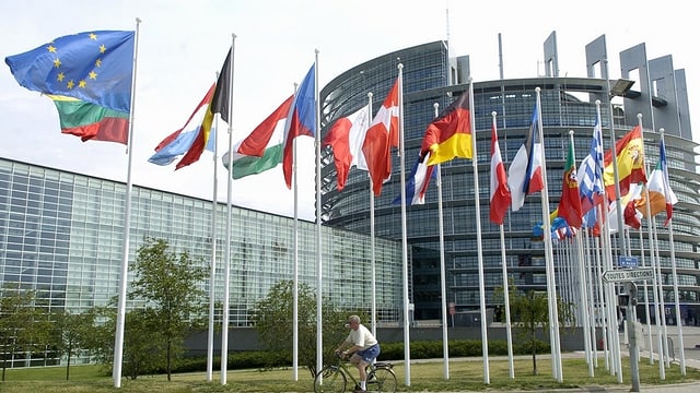Parlament da l'UE, bajetg da dador cun bandieras da l'UE e dals pajas commembers.
