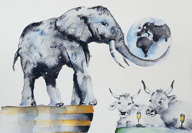 Il placat dal toc da teater. Maletg cun elefant e duas vatgas. Il placat dal toc da teater. Maletg cun elefant e duas vatgas.