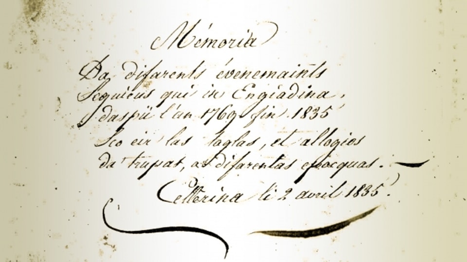 Fegl da titel dal diari da Mengia Curô-Frizzoni da Schlarigna dals eveniments tranter il 1769-1835 en Engiadina.