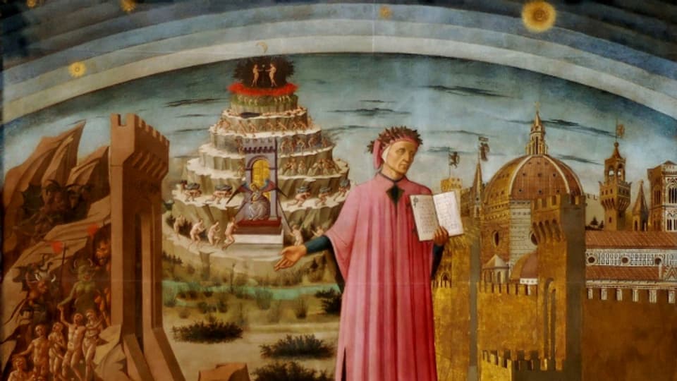 «La Divina Commedia illuminescha Firenza»: ovra da Domenico di Michelino (1465), da vesair en la catedrala da Firenza.