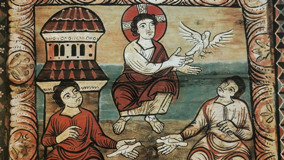 L'uffant Jesus cun ils paslers or d'arschiglia, tabla dal palantschieu sura da la baselgia Sogn Martegn a Ziràn, enturn 1100