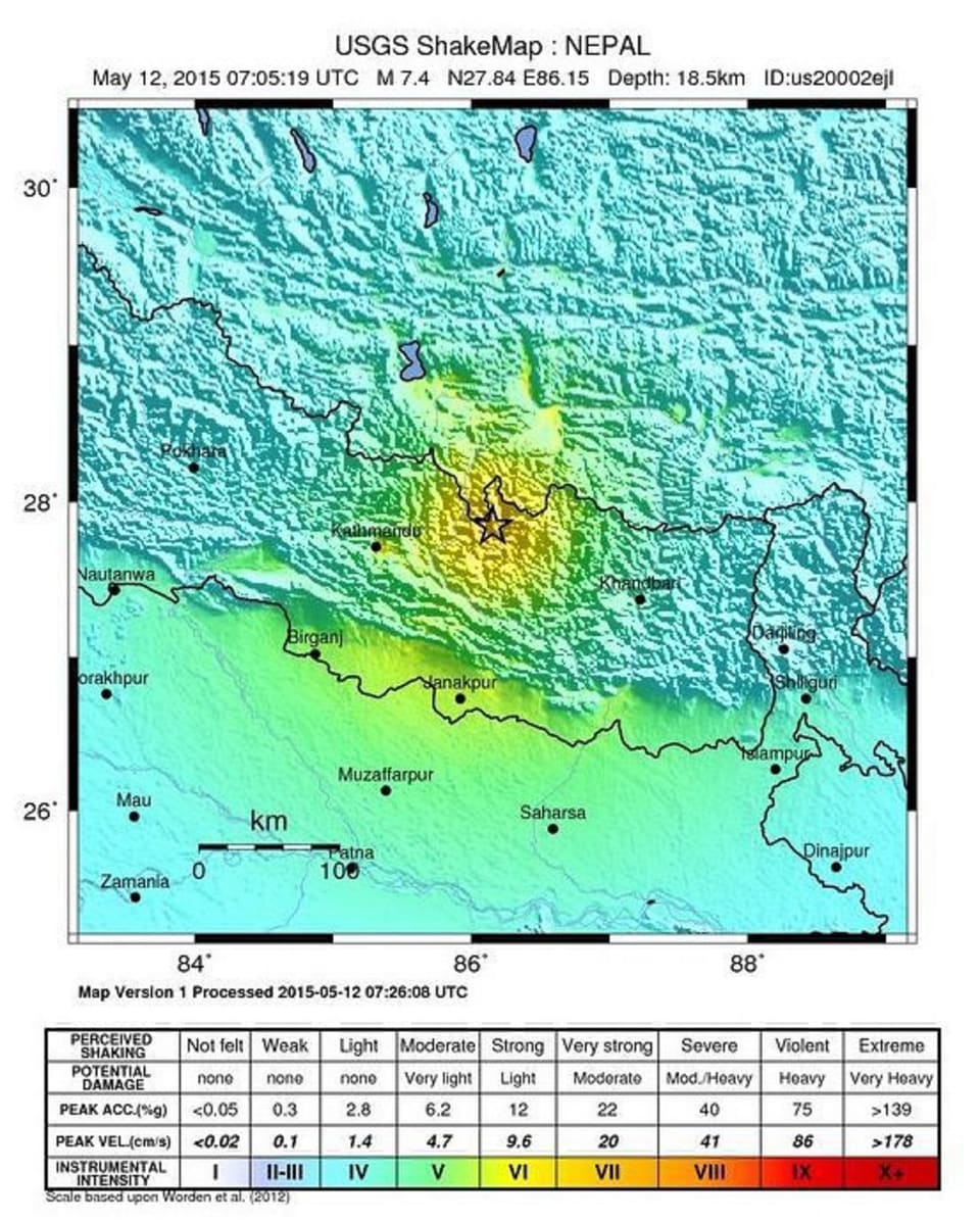 Charta che mussa l'epicenter dal terratrembel dals 12-5 en il Nepal.