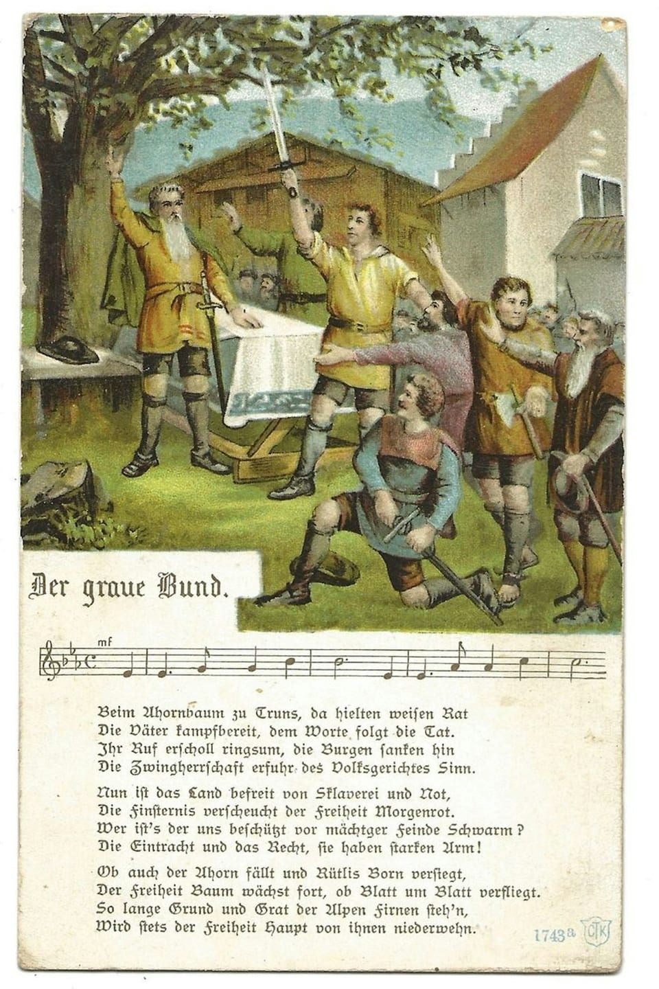 Illustration Text und Notenblatt «Der Graue Bund»