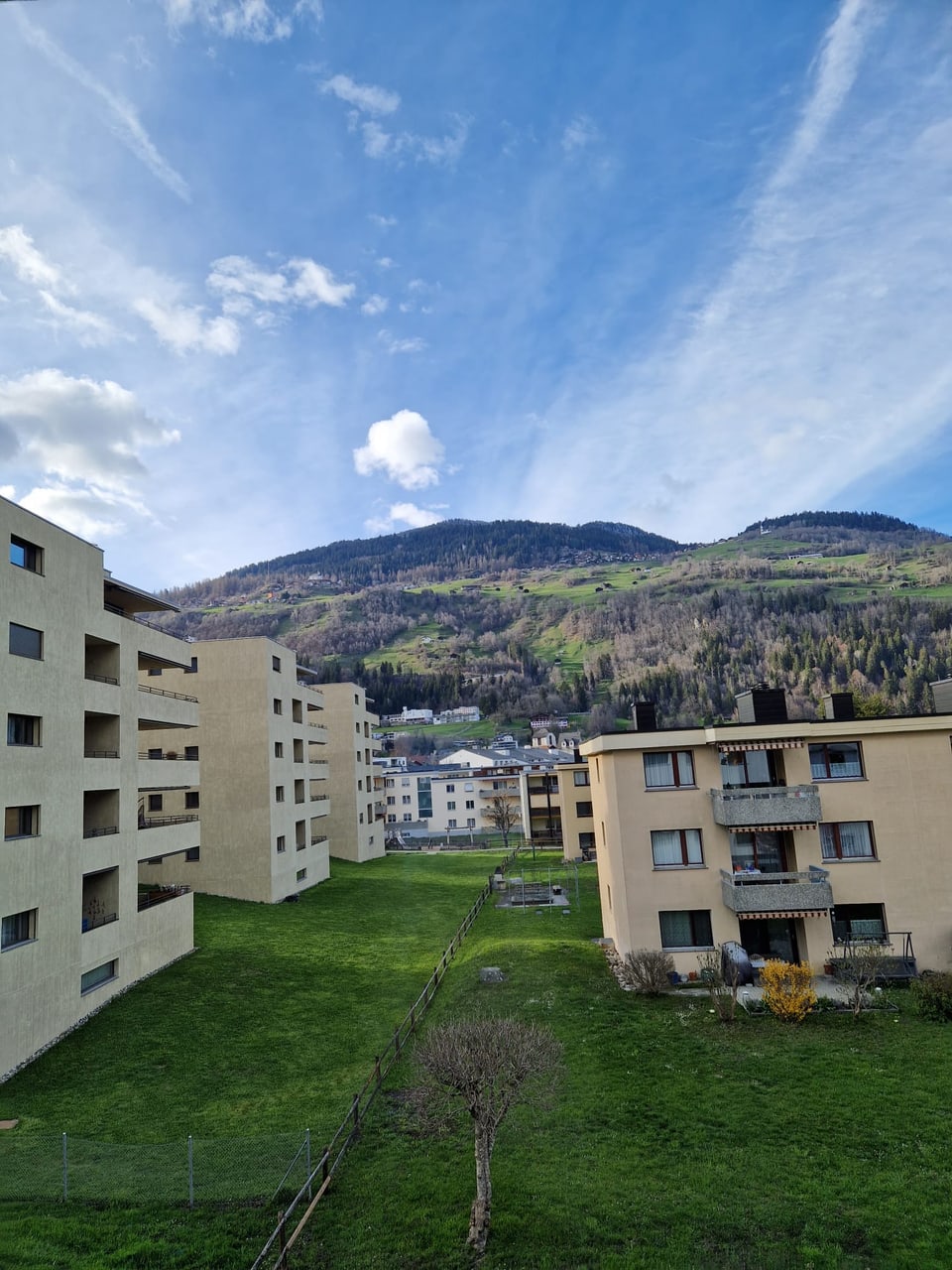 Mehrere Mehrfamilienhäsuer mit einer grünen Wieso dazwischen.