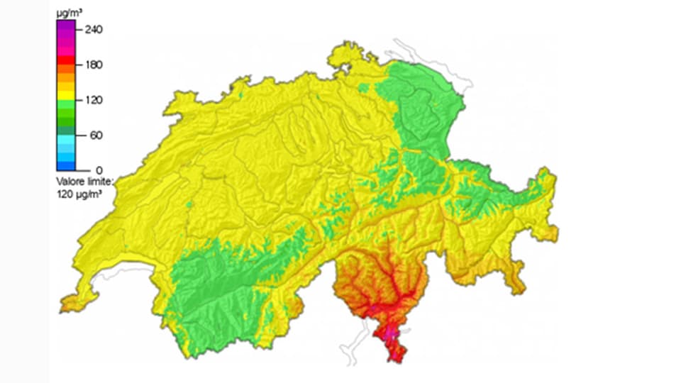 Carta che mussa valurs d'ozon memia autas en il Tessin e Mesauc.