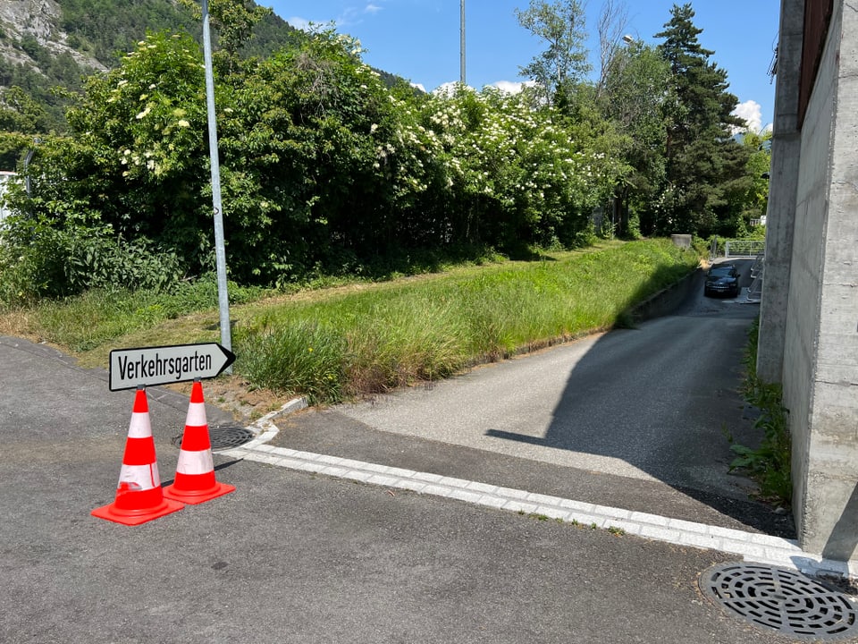 Eingang zum Verkehrsgarten, die Strasse ist etwas abgeneigt. Im Hintergrund ist eine kleine Grünfläche mit Bäumen