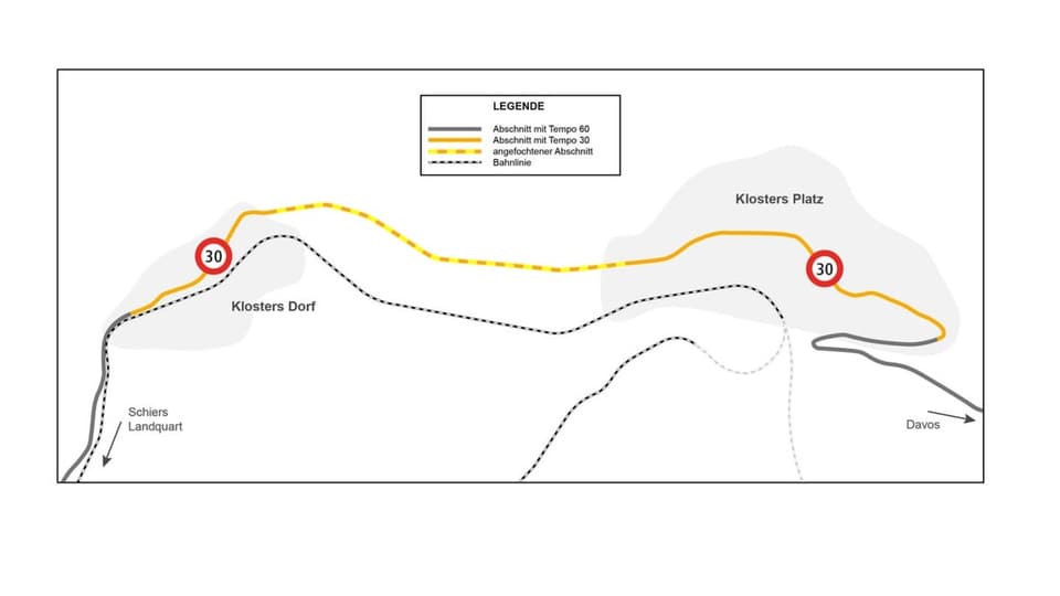 Eine Karte der Strassen zwischen Klosters Dorf und Klosters Platz.
