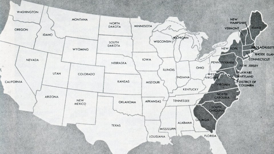 Ils Stadis Unids da l'America cun ils 13 stadis originars (colonias englaisas)