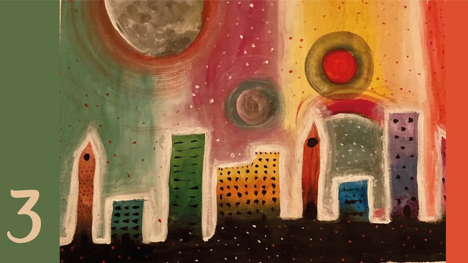 Unsere Welt Purtret d'intgins sgrattatschiels. Il palantschieu è nair cun pitschens punctins clers, las chasas vegnan pli coluradas e cleras plinensi ch'i va e sura èn da vesair intgins planets e la glina.