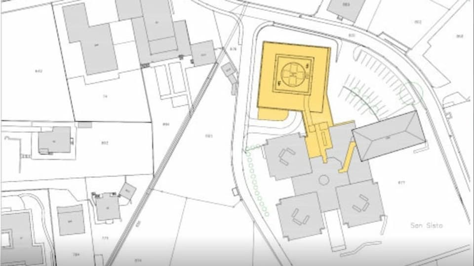 Visualisaziun dal project, l'edifizi nov è marcà mellan entant ch'ils edifizis existents èn grischs.