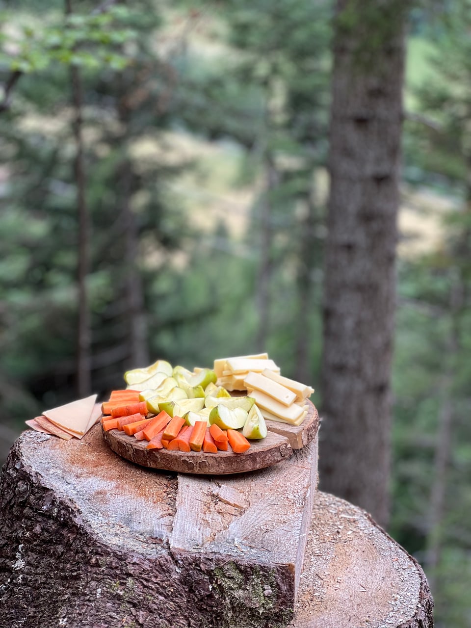 Äpfel, Käse, Karotten auf einem Baumstamm