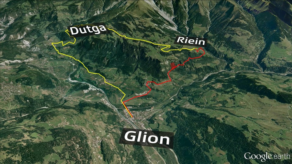 Carta da google maps cun inditgà las duas vias, il sviament sur Dutga e la via directa da Glion a Riein.