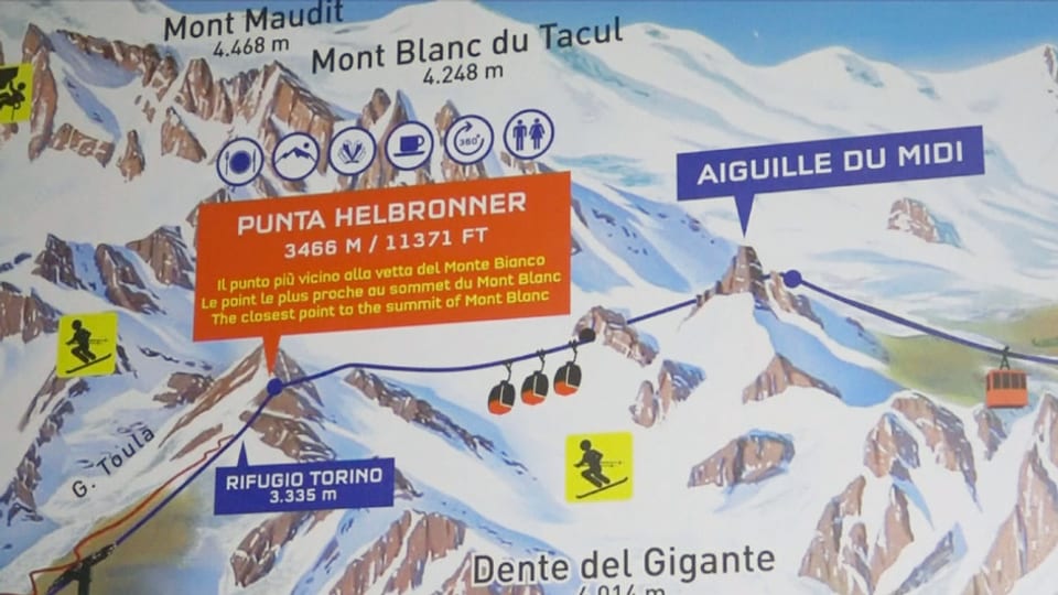 La pendiculara che collia en il massiv dal Mont Blanc l’Aiguille du Midi cun la Pointe Helbronner.