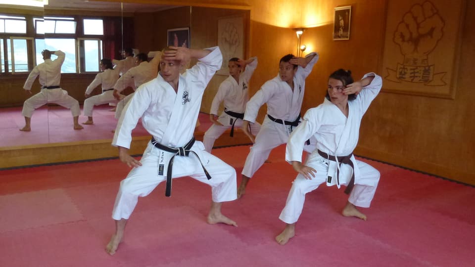 4 caratecas stattan en ritscha ed exerciteschan ina kata. Tuts fan il medem moviment.