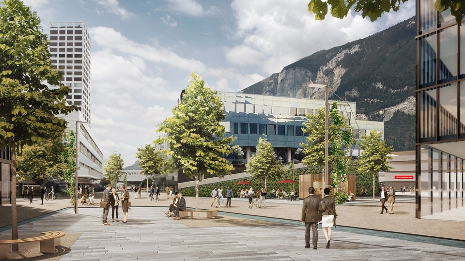 Masterplan Chur West: Eine Visualisierung der Commercialstrasse bei einer Entwicklung des Areals nach dem Masterplan.