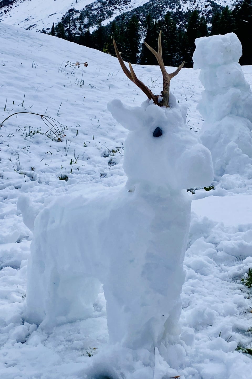 Ein Wildtier ganz aus Schnee geformt.