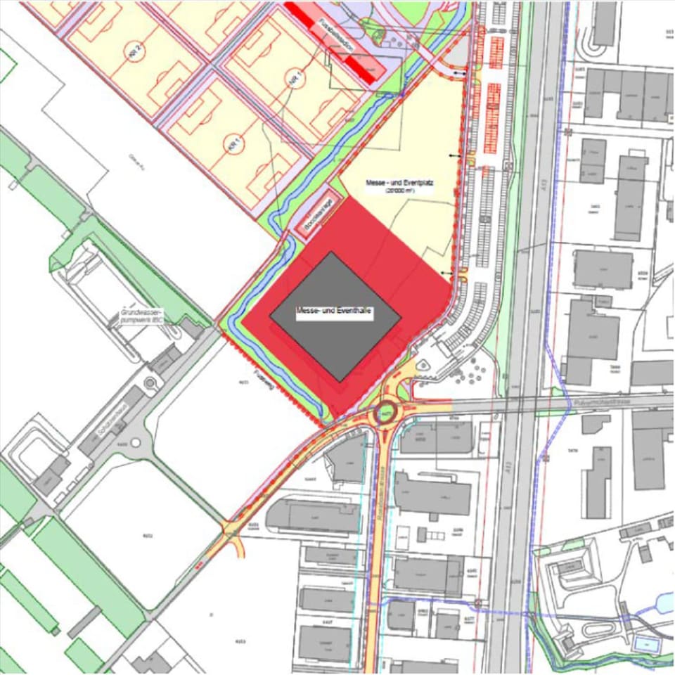 Lageplan für die neue Stadthalle Chur. Rechts daneben ist der Messe- und Eventplatz. Darunter ein Kreisel.