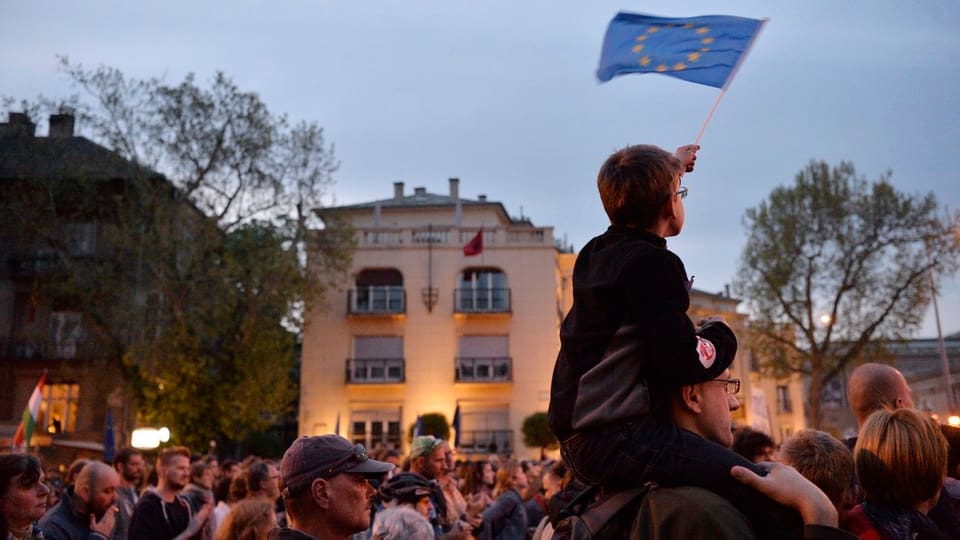 In uffant cun ina bandiera da l'UE durant ina manifestaziun a Budapest. 