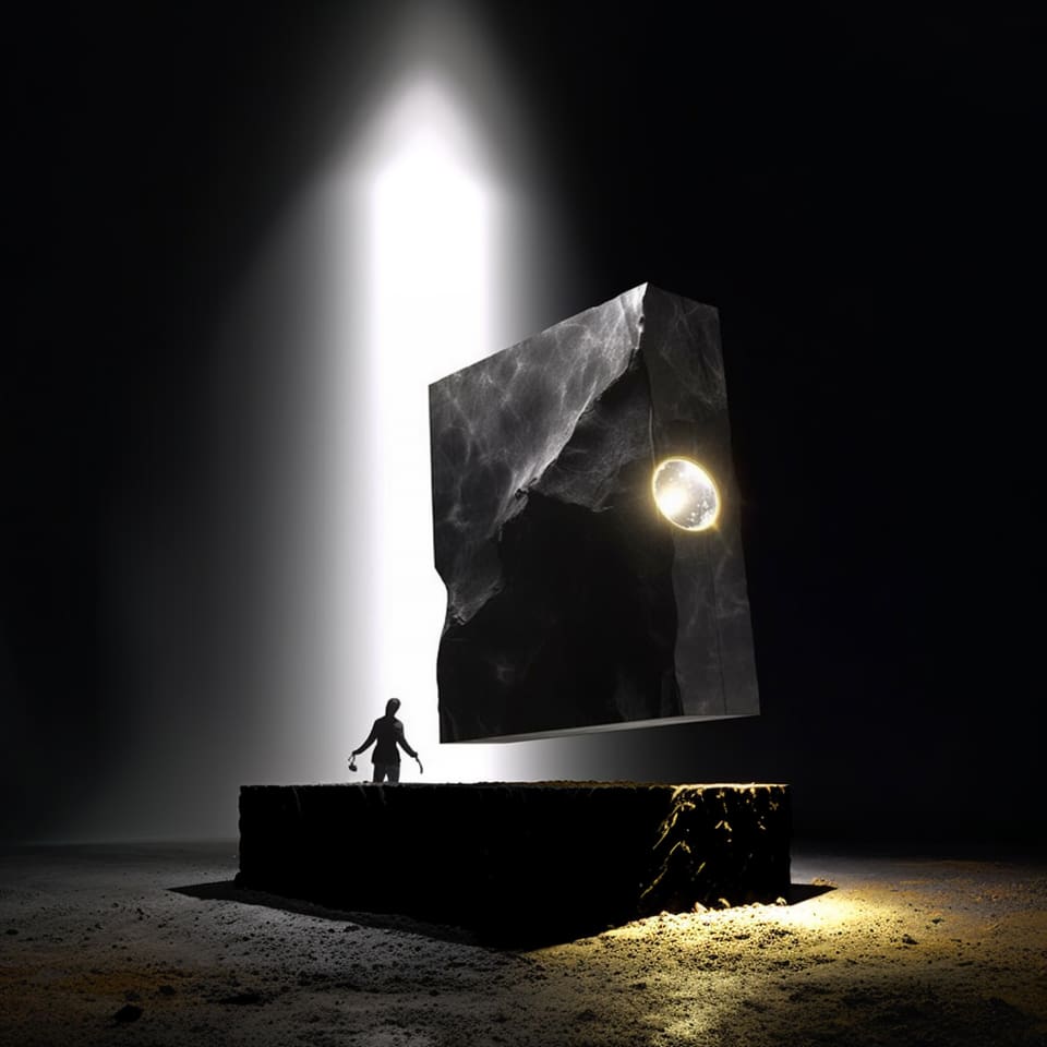 Ein dunkler Raum mit einem schwebenden Felsblock und einer Gestalt im Hintergrund.
