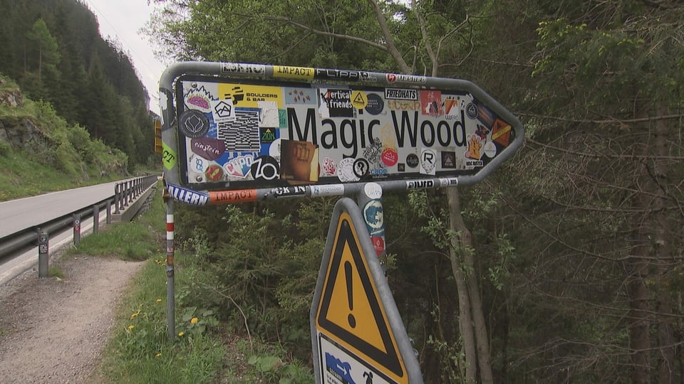 Wegweiser Magic Wood ist mit allerlei Stickern beklebt.