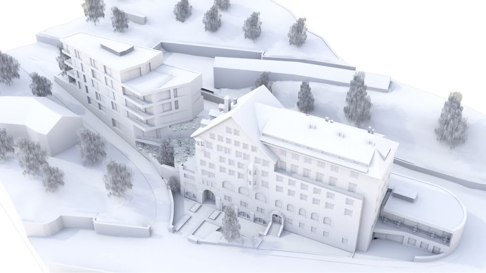 Il nov Hotel La Margna: dretg il bajetg dal 1906, sanester il modern edifizi annex. 