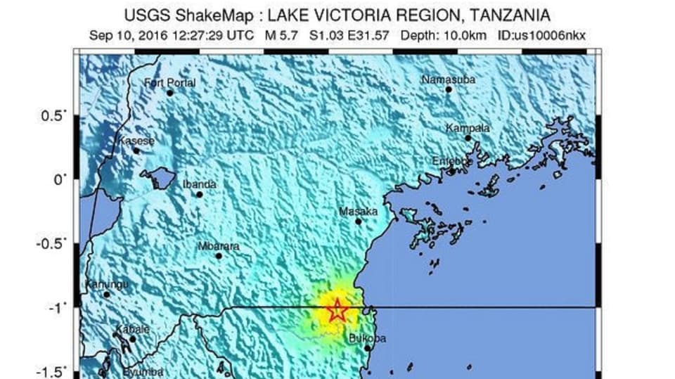 ina charta geografica da la Tansania cun ina staila ch'inditgescha in terratrembel.
