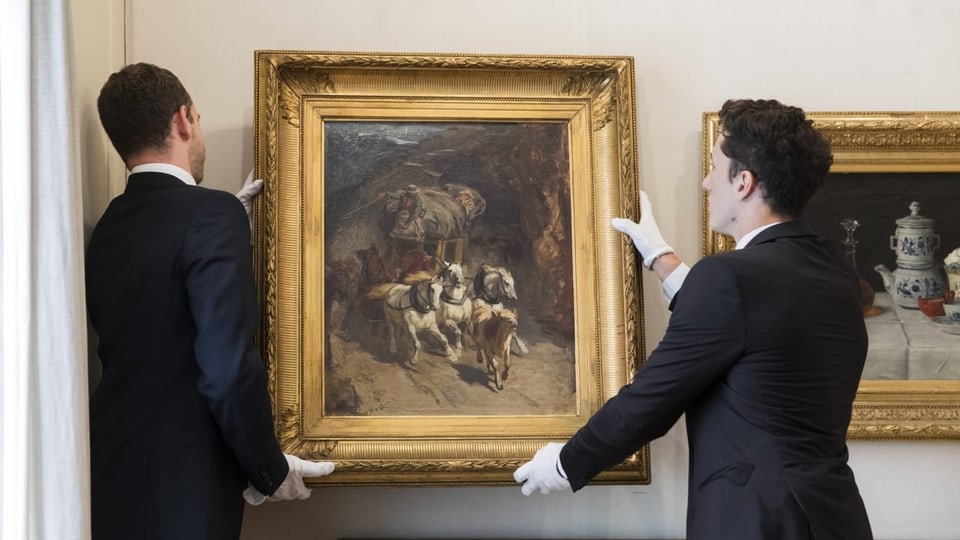 Maletg da l'artist Rudolf Koller da l'onn 1873 Dus luvrers cun guands prendan giu da la preit il maletg da Rudolf Koller, che mussa la posta da viadi dal Gotthard.