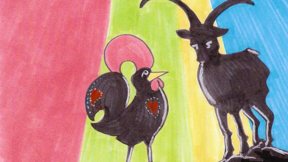 Sujet dal placat: il gallo sco simbol per il Portugal ed il capricorn, sco simbol per il Grischun