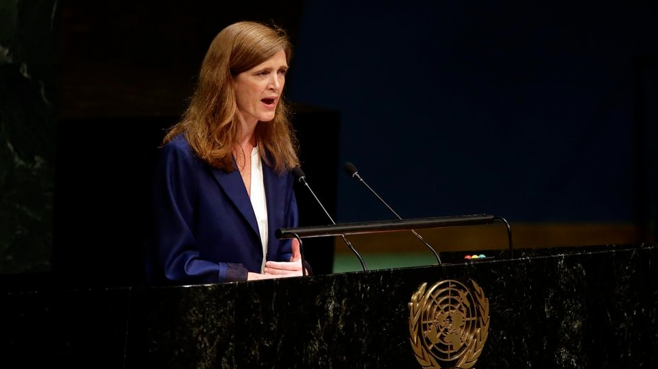 Samantha Power, l'ambassadura americana, tegna in pled avant las Naziuns Unidas.