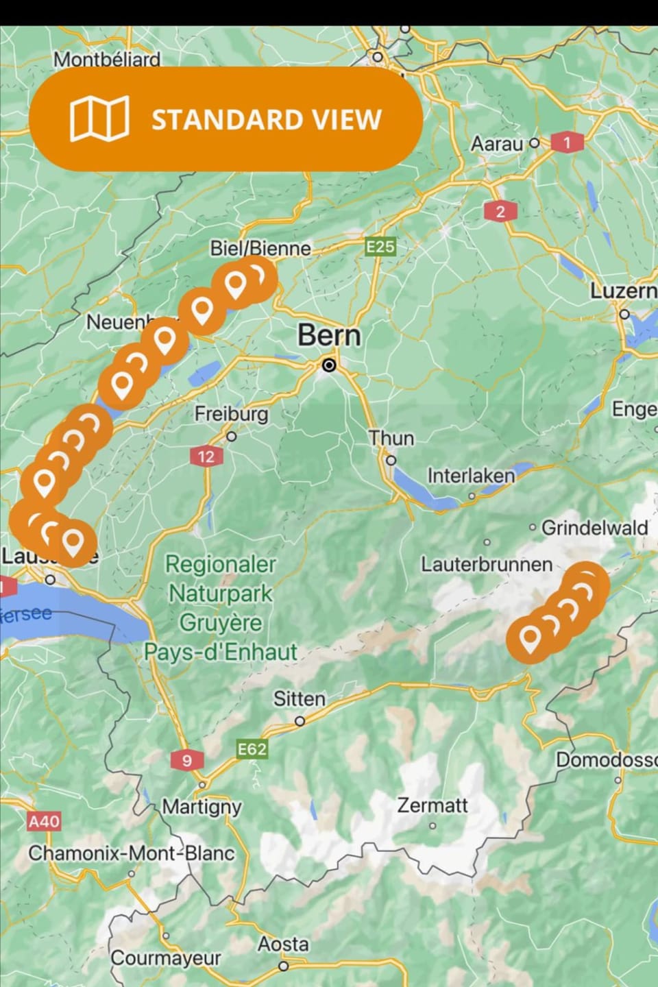 carta geografica da la Svizra cun indicaziuns da GPS per il ballun. Da Bienna fin a Losanna ed en il Vallais.
