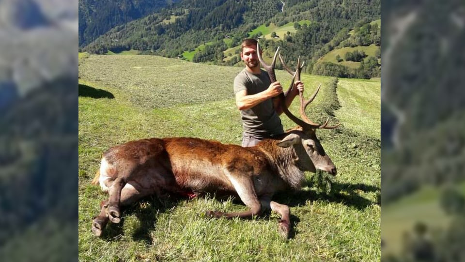 Andreas Küttel da Zignau cun il taur da la vita (182 kg) e quai gia l'emprim onn da chatscha.