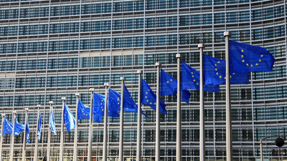 Bandieras avant il bajetg da la Cumissiun europeica a Brüssel.