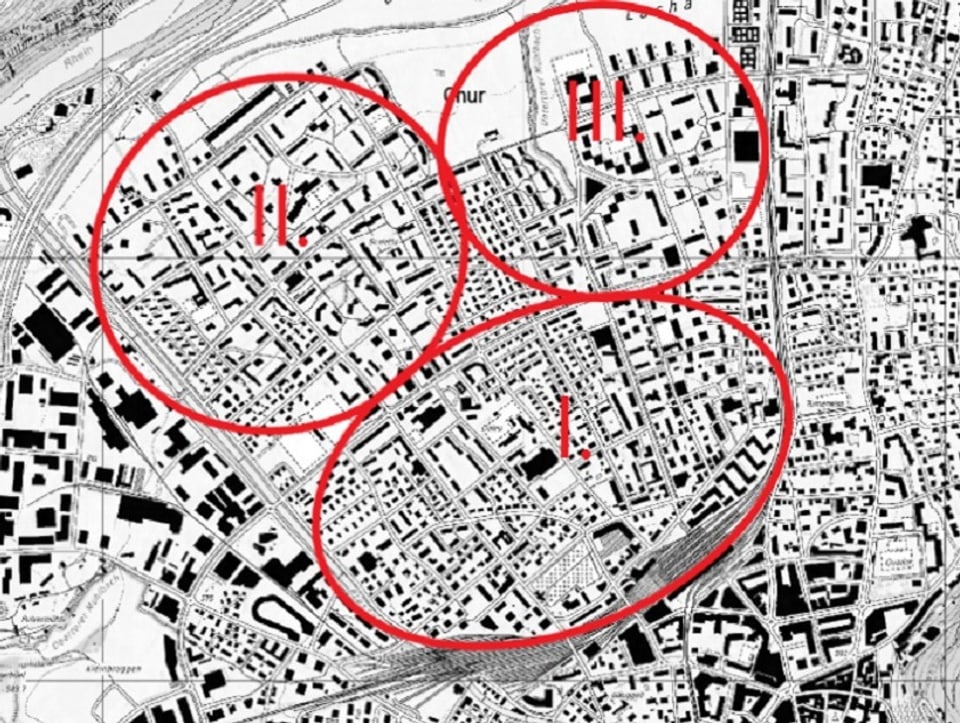 Stadtplan Chur mit dem Rheinquartier und den drei eingezeichneten Teilen