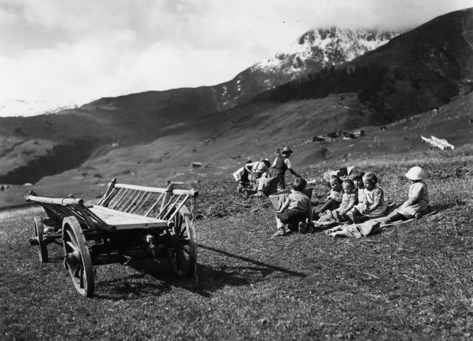 Uffants gidavan er da racoltar tartuffels, els tiravan ils chanasters cun la racolta. Qua a Camischolas l'onn 1935.