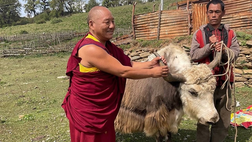 Lama Lobsang zusammen mit einem Bergbauern und seinem Yak in Nepal.
