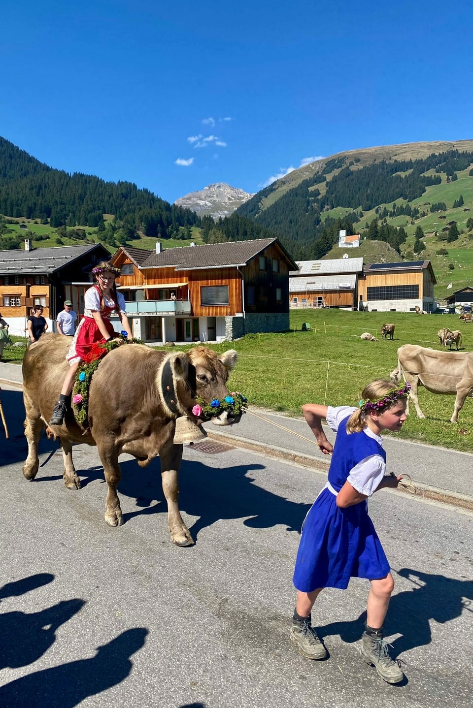 Alpabzug in Brigels, Mädchen mit Kuh