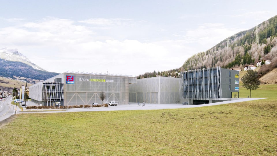 Visualisaziun: Dasperas il bajetg existent (sanester) duai dar ina nova halla da producziun (entamez) ed il campus (dretga).