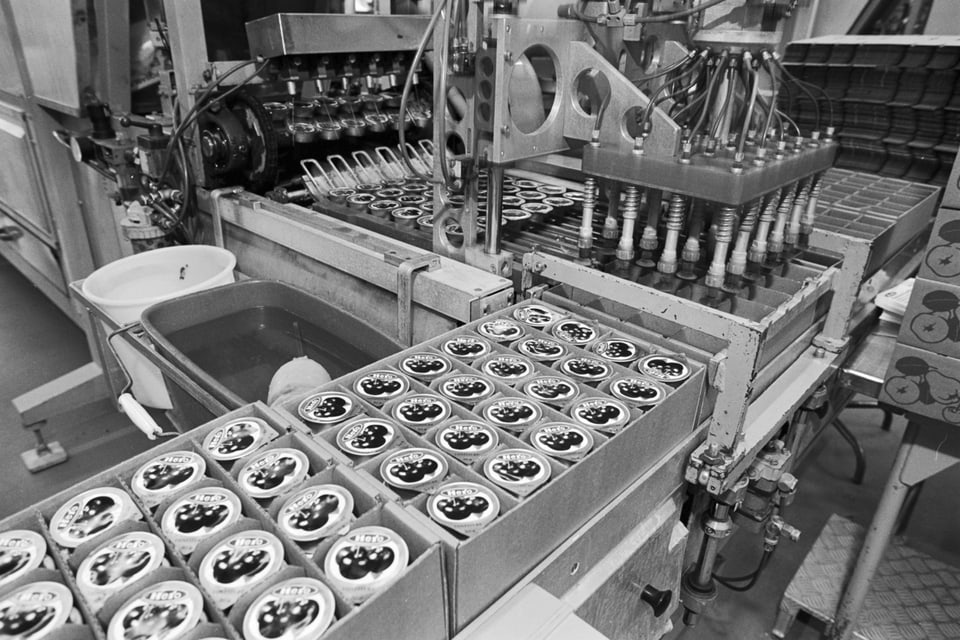 Produktionsstrasse in der Konservenfabrik Hero in Lenzburg, Kanton Aargau, aufgenommen im November 1988.