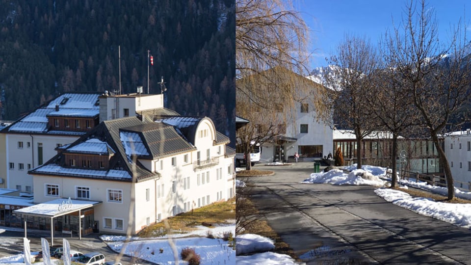 A sanestra l'ospital e a dretga la chasa d'attempads a Scuol