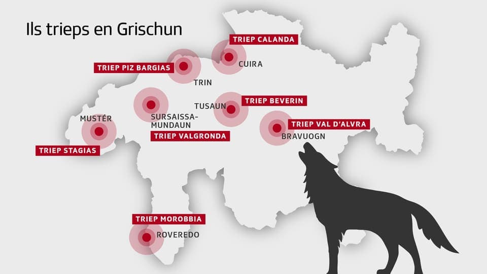 Charta cun inditgà ils 7 trieps da lufs en Grischun.