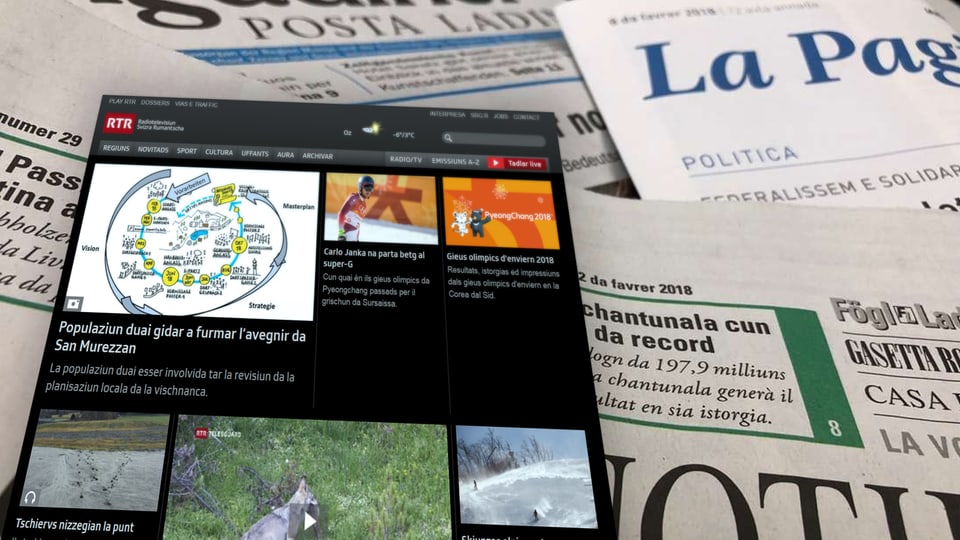 Purtret da las trais gasettas rumantschas e la pagina d'internet dad RTR. 