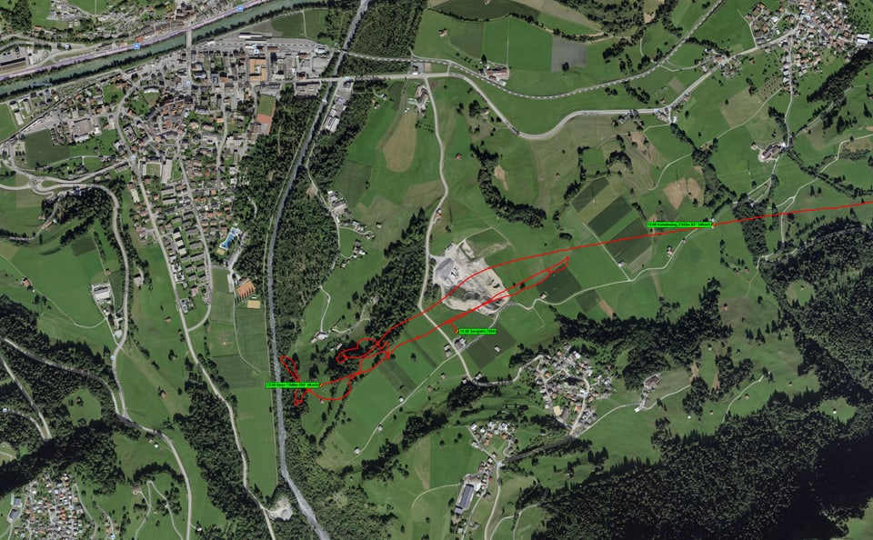 Karte mit den Kurven bis zur Landung.