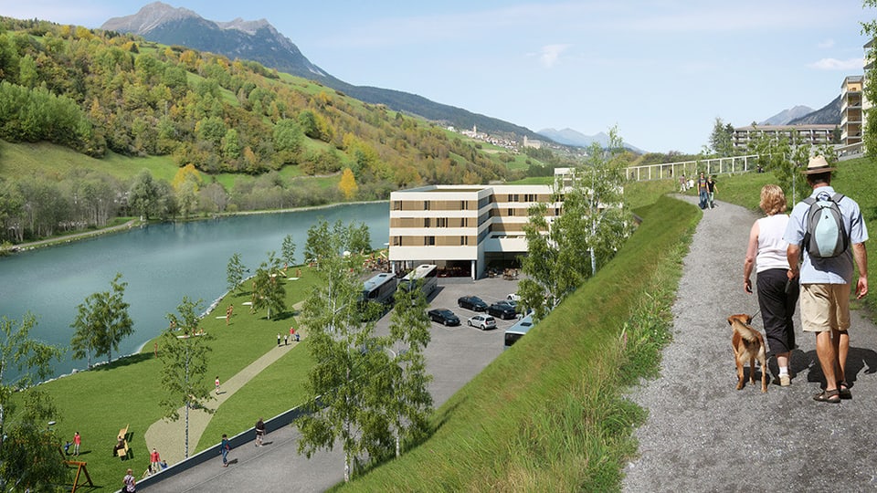 Visualisaziun cun vista vers l'hotel e bogn planisà.